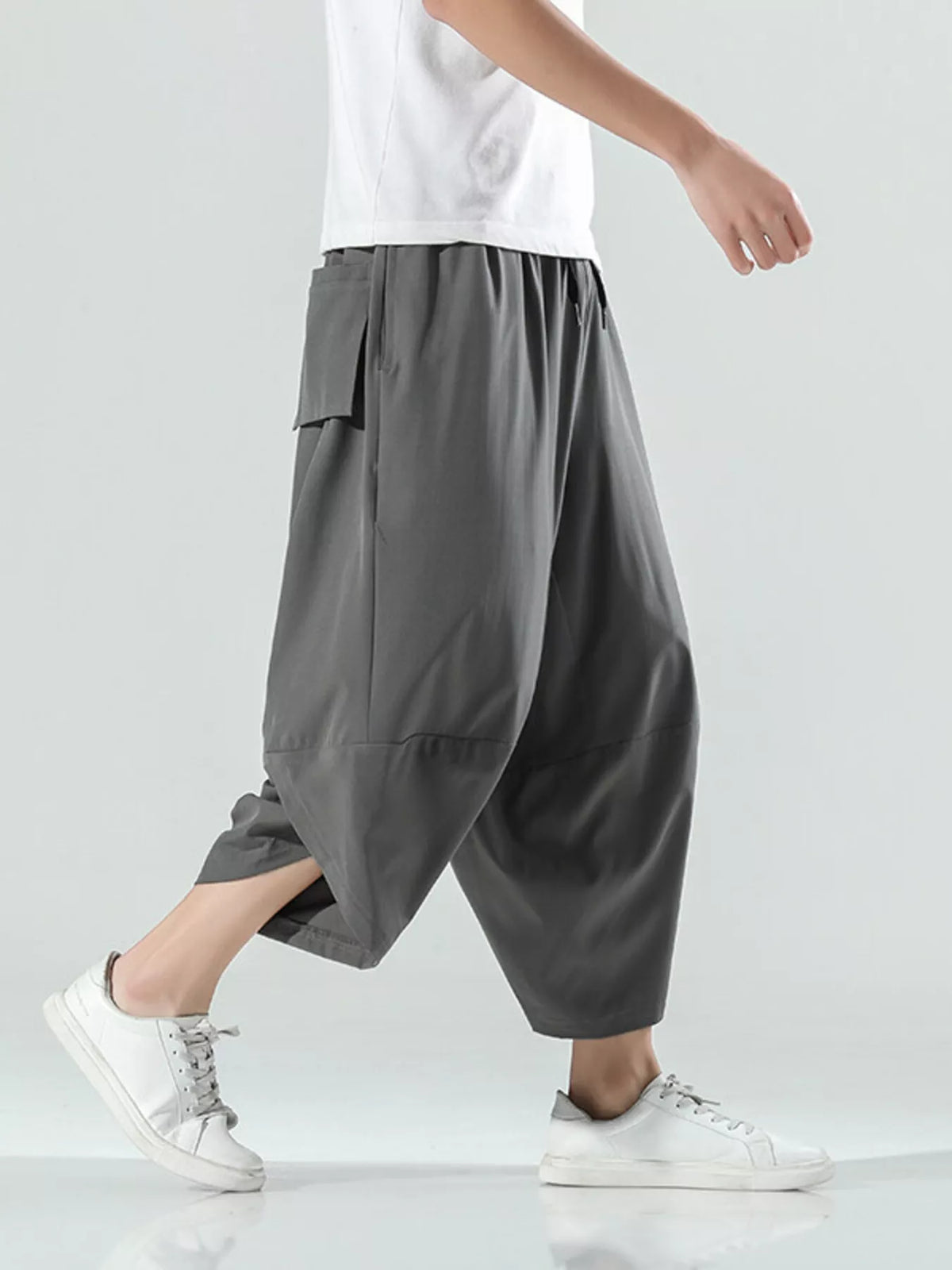 Men's Plus Size Loose-Fit Wide-Leg Cropped Casual Pants in Gray