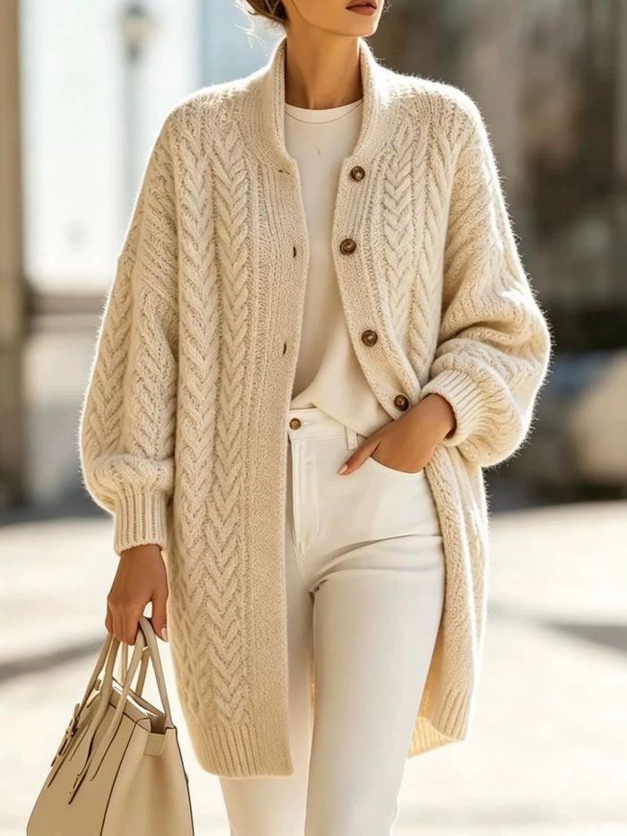 Full Size Cable-Knit Button-Down Cardigan Plus Size in Cream