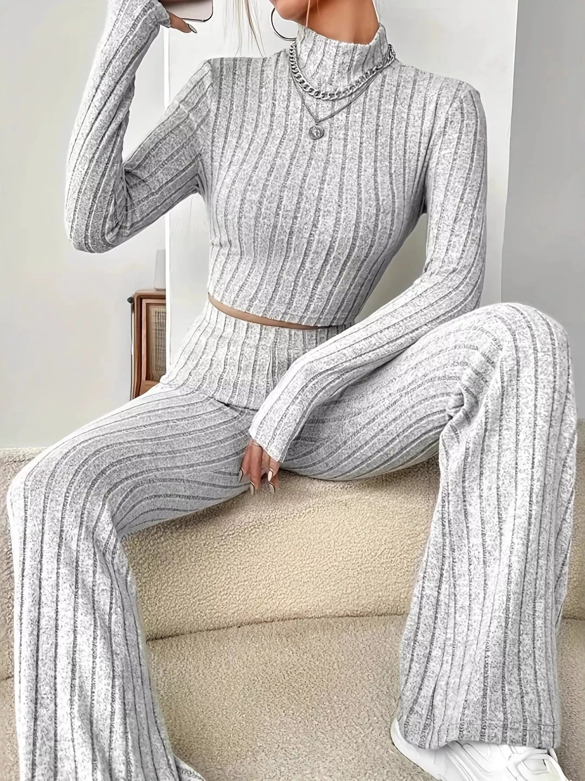 Ribbed Turtleneck Crop Top and Flare Pants Sweater Set - Lilixa.store