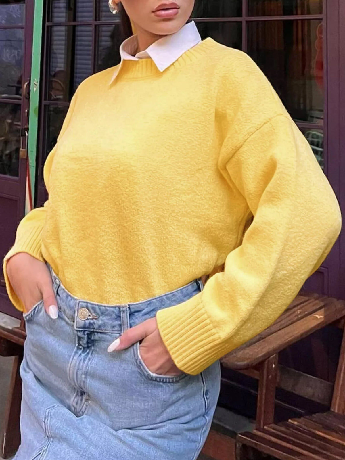 Ribbed Round Neck Dropped Shoulder Sweater - Lilixa.store