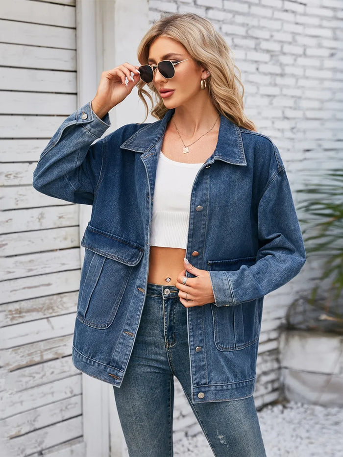Button Up Long Sleeve Denim Jacket - Lilixa.store