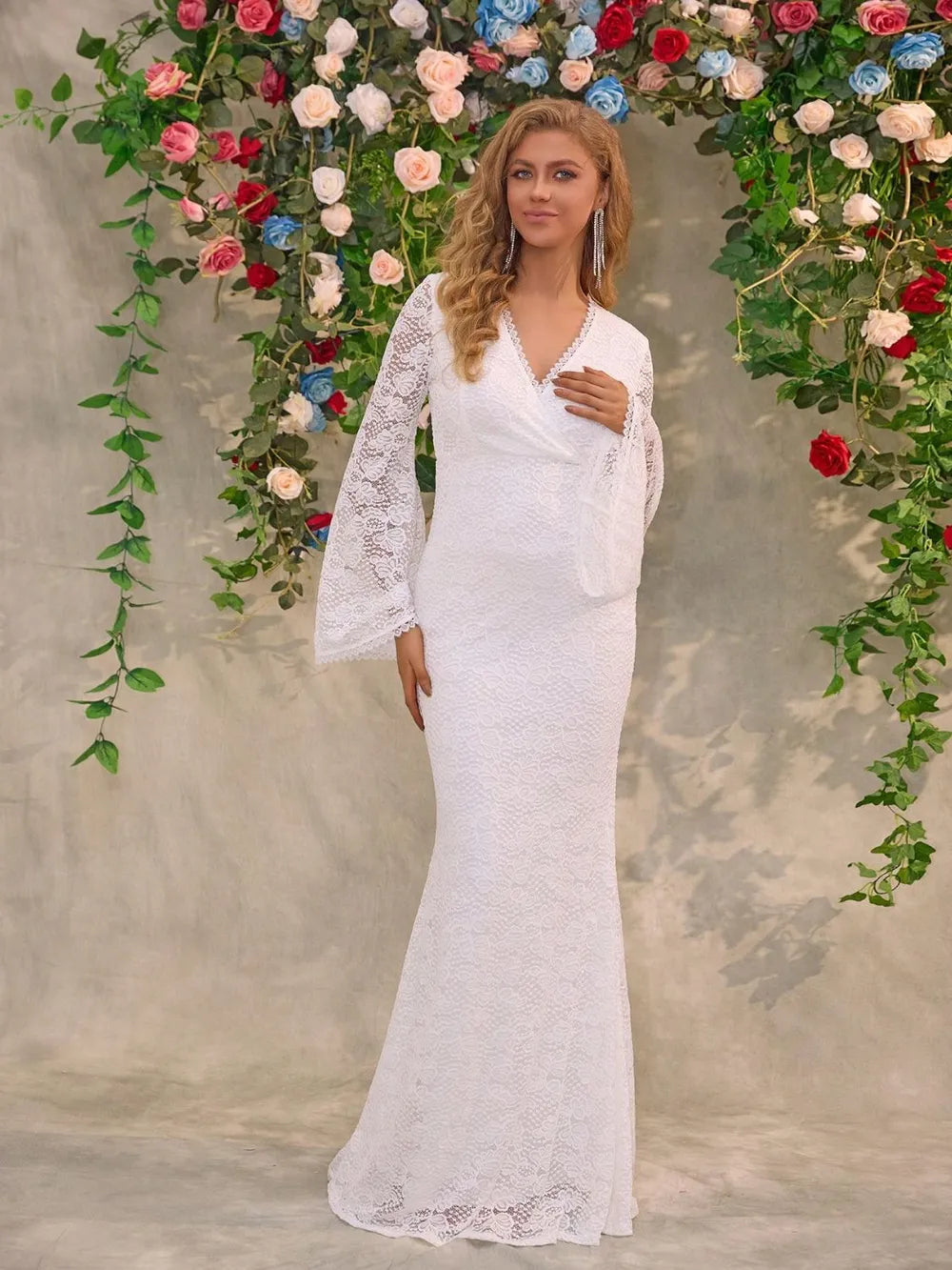 Lace Surplice Flare Sleeve Maxi Dress - Lilixa.store