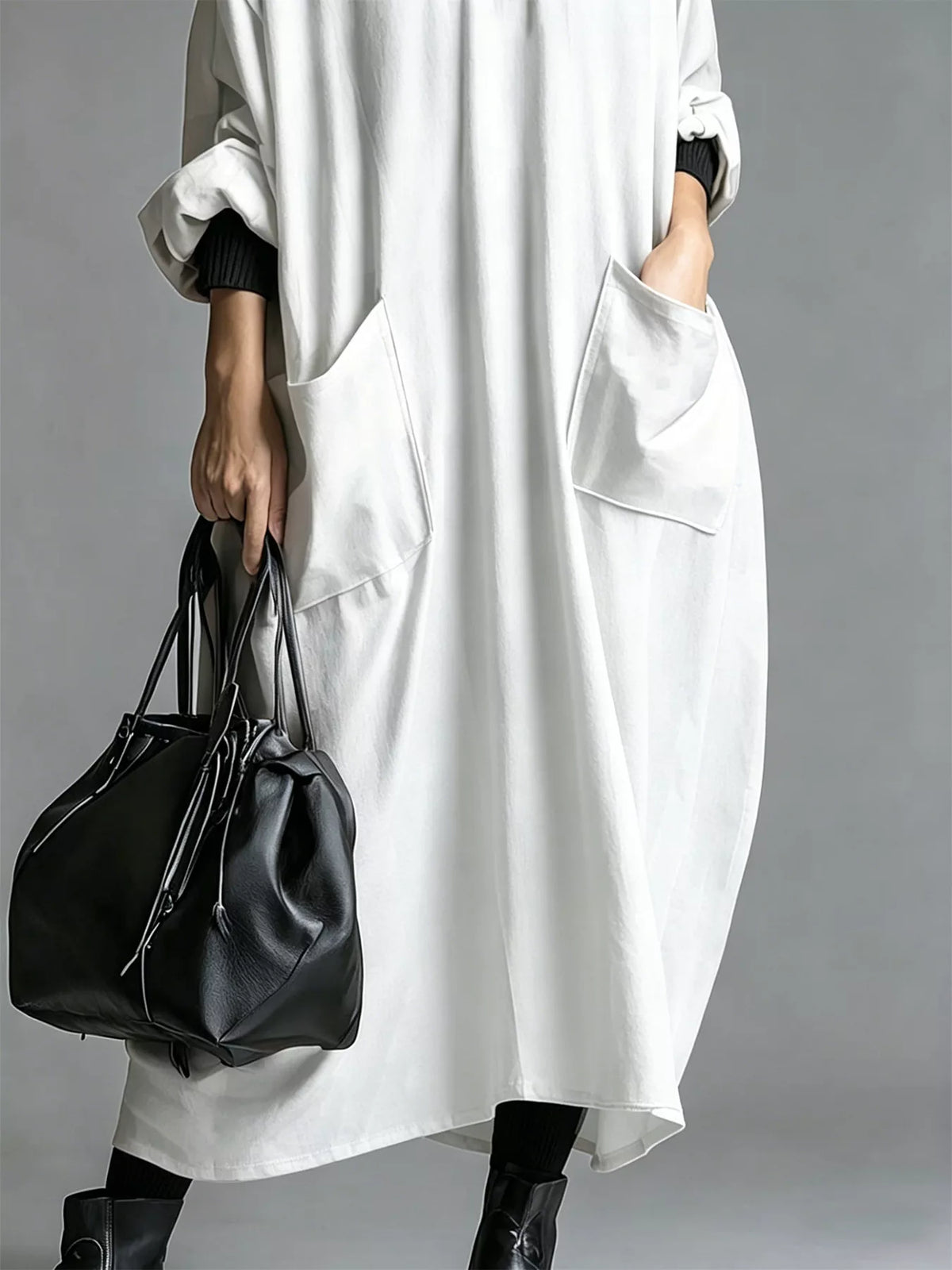 Full Size Loose-Fit Mock Neck Midi Dress with Pockets Plus Size - Lilixa.store