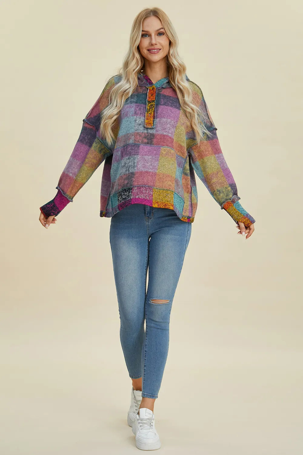 Double Take Full Size Plaid Dropped Shoulder Fleece Hoodie Plus Size - Lilixa.store