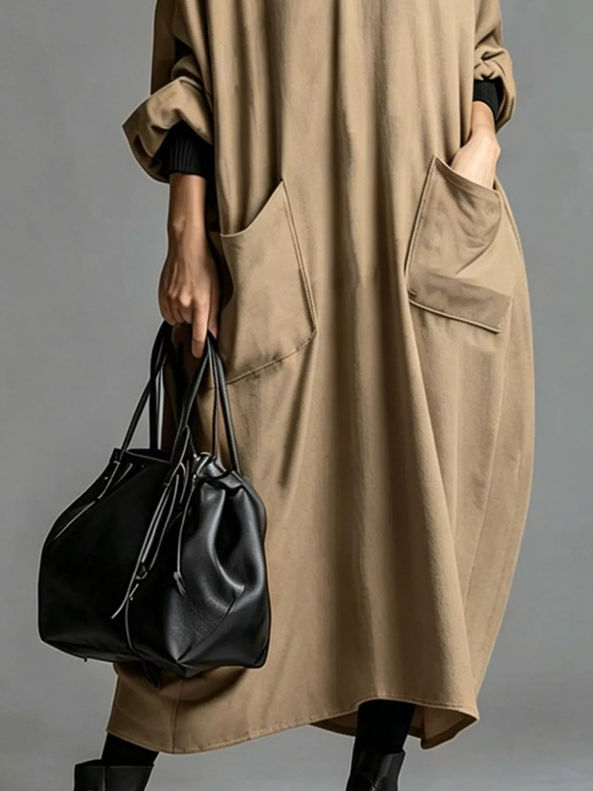 Full Size Loose-Fit Mock Neck Midi Dress with Pockets Plus Size - Lilixa.store