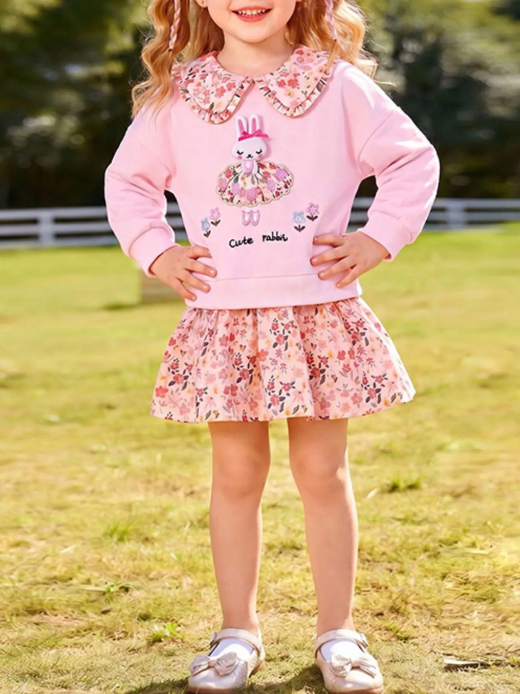 Children's Rabbit Floral Sweatshirt Dress - Lilixa.store