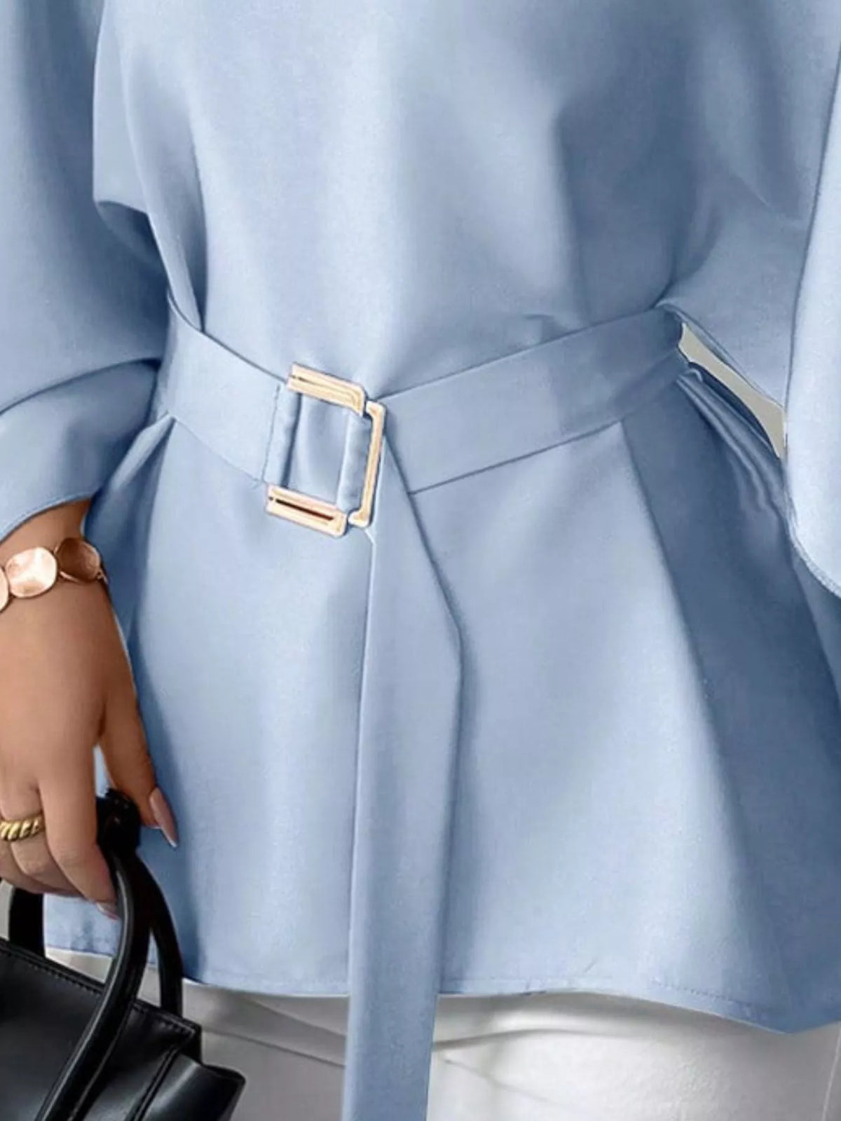 Round Neck Belt Batwing Sleeve Blouse - Lilixa.store