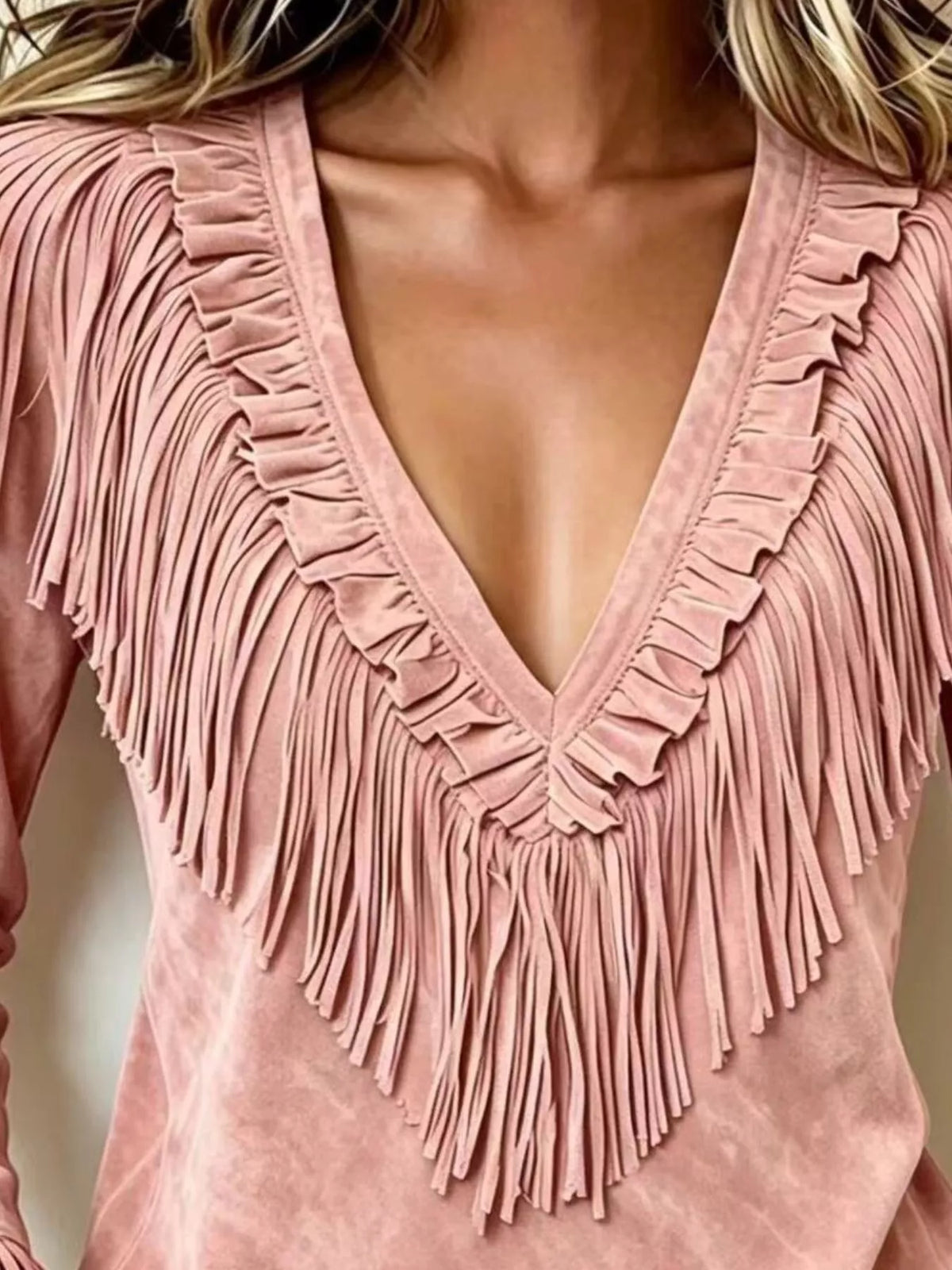 Fringed V-Neck Blouse