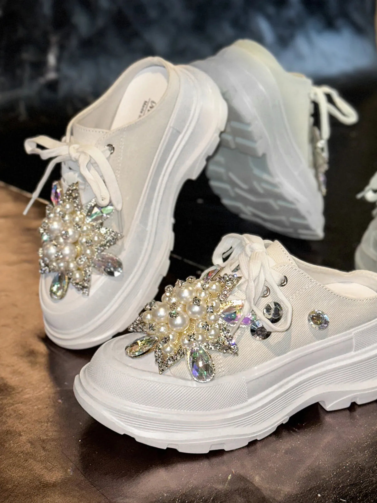 Pearl Embellished Platform Slip-Ons in White