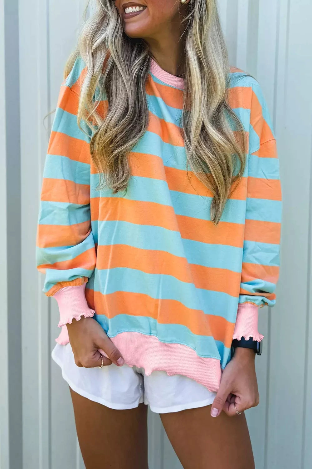 Striped Long Sleeve Top with Lettuce-Edge Cuffs in Tangerine