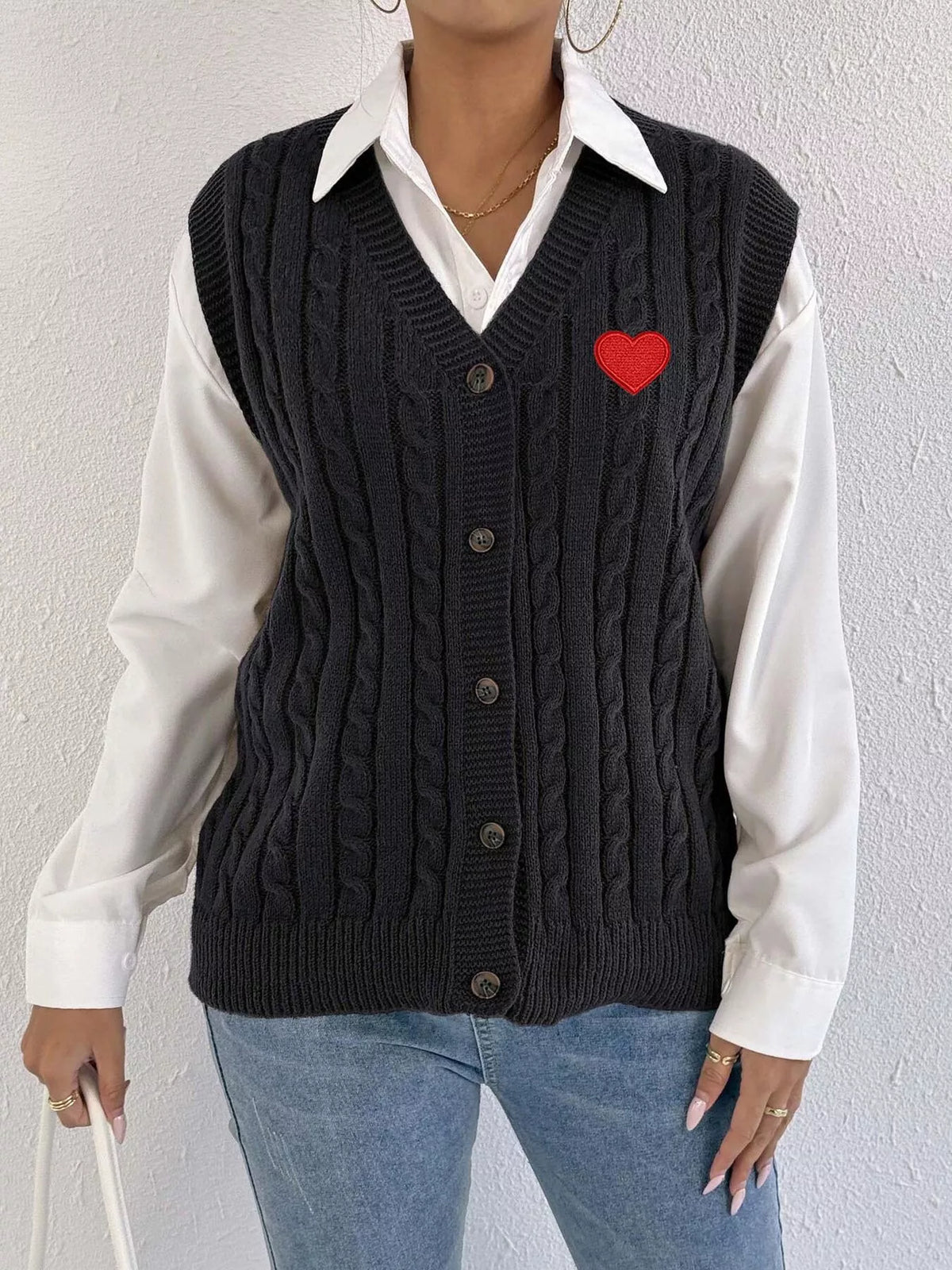V-Neck Cable Knit Button-Down Sweater Vest with Heart Embroidery