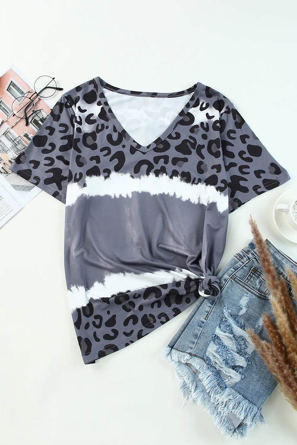 Leopard V-Neck Short Sleeve T-Shirt - Lilixa.store