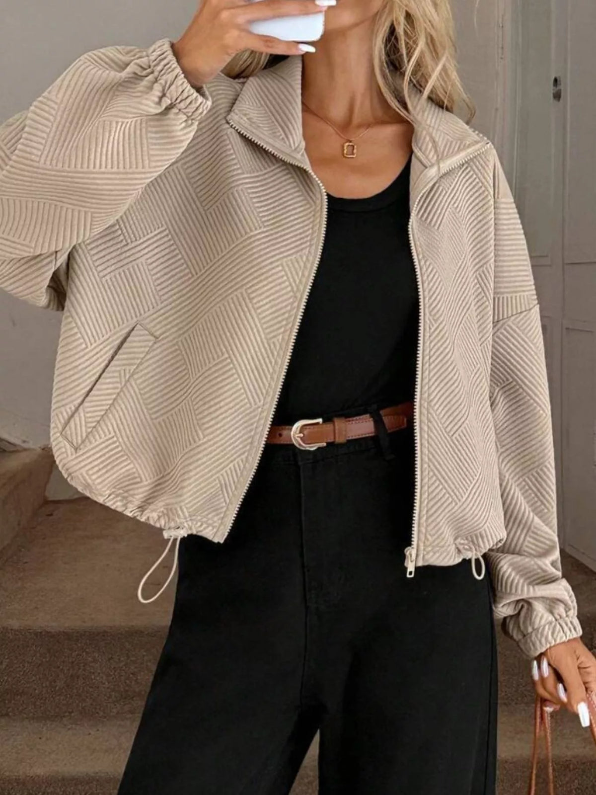 Textured Zip-Up Drawstring Hem Jacket, view 3