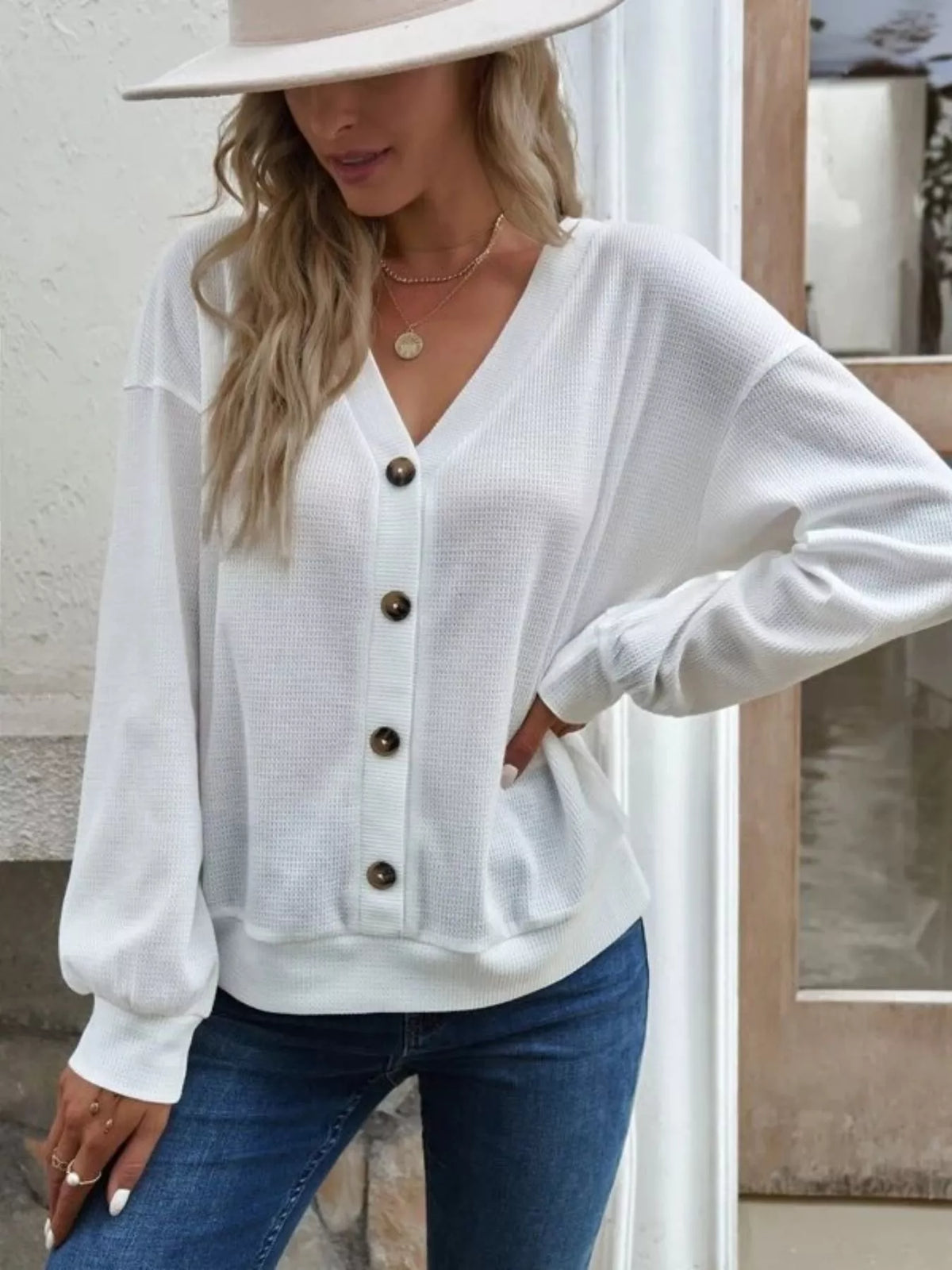 Casual V-Neck Waffle Long Sleeve Top, view 2