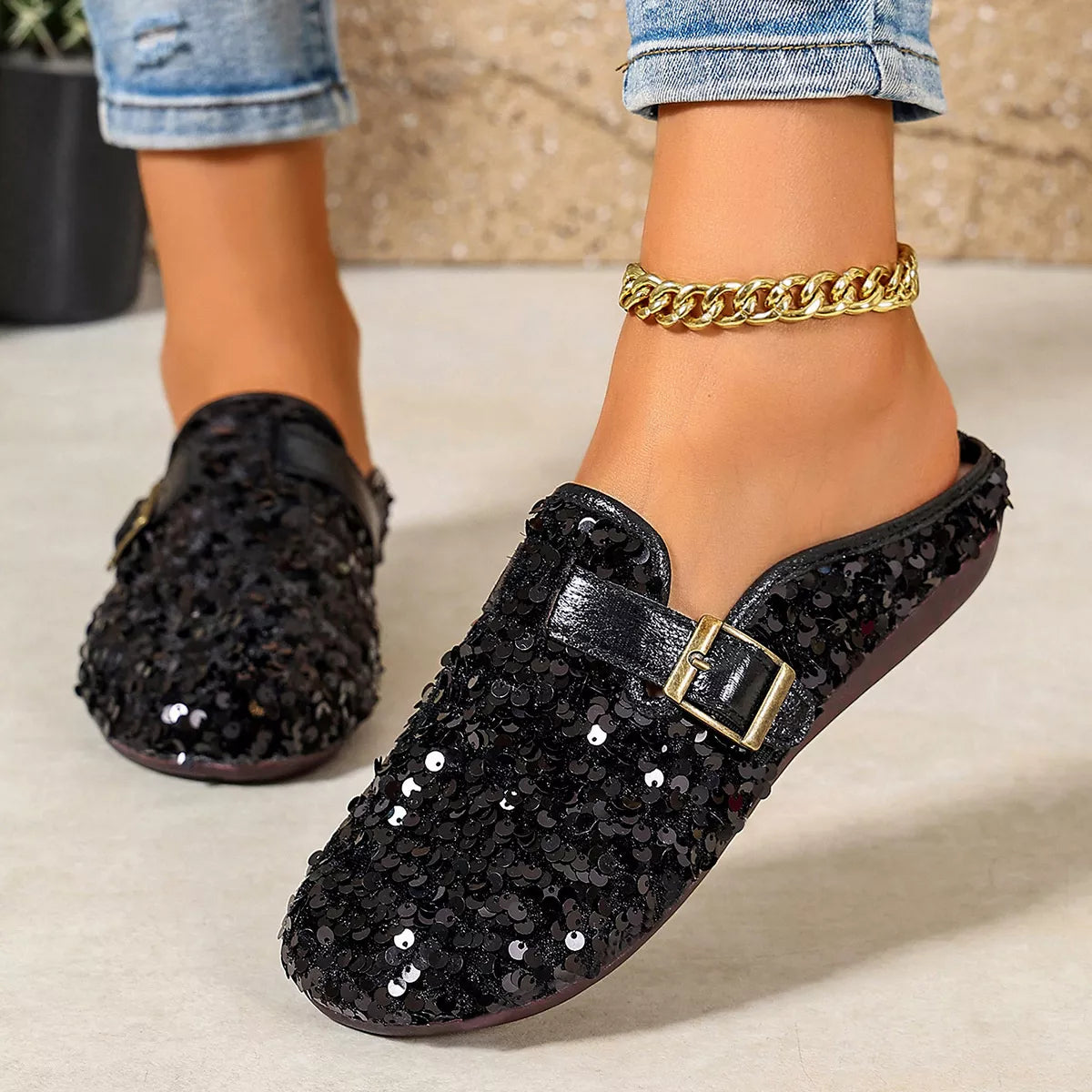 Sparkling Sequin Buckle Slip-On Loafers in Black