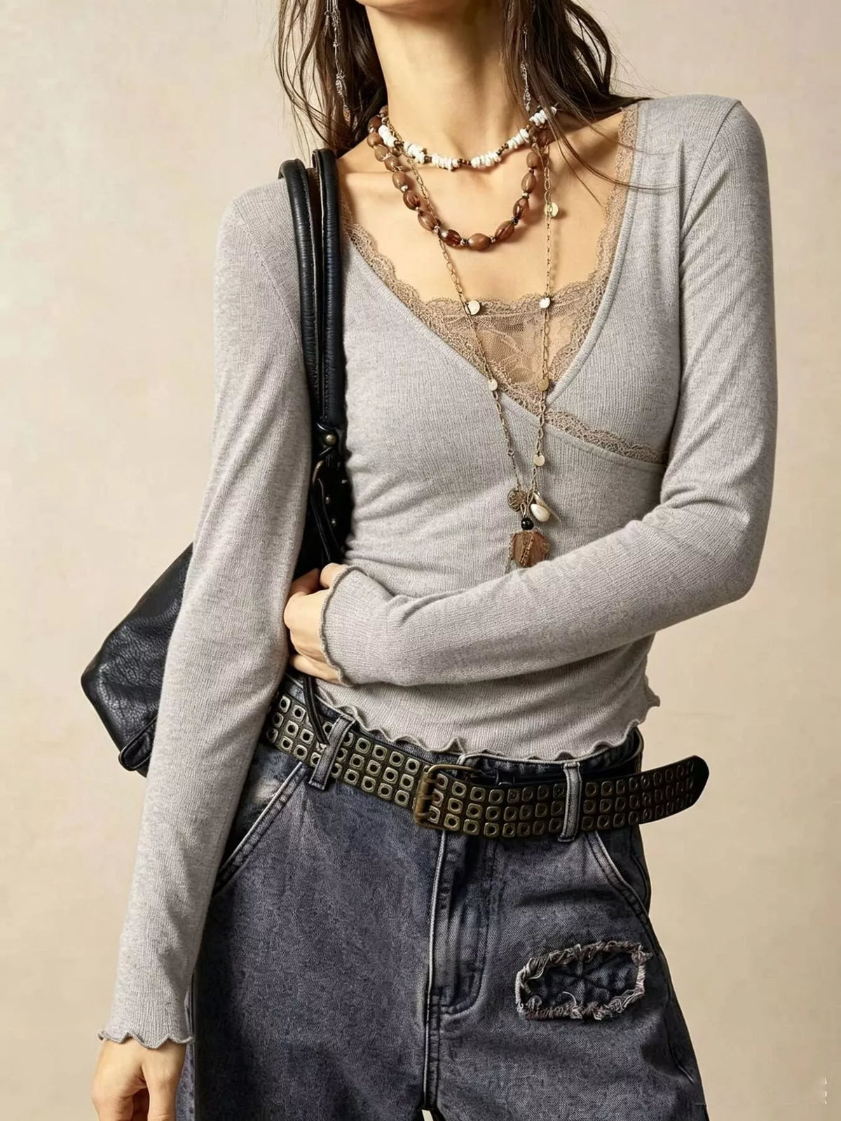 Lace Detail Long Sleeve T-Shirt - Lilixa.store