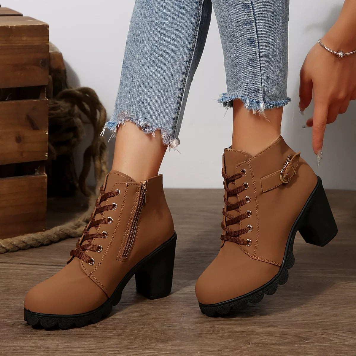 Lace Up Block Heels Boots in Yellow