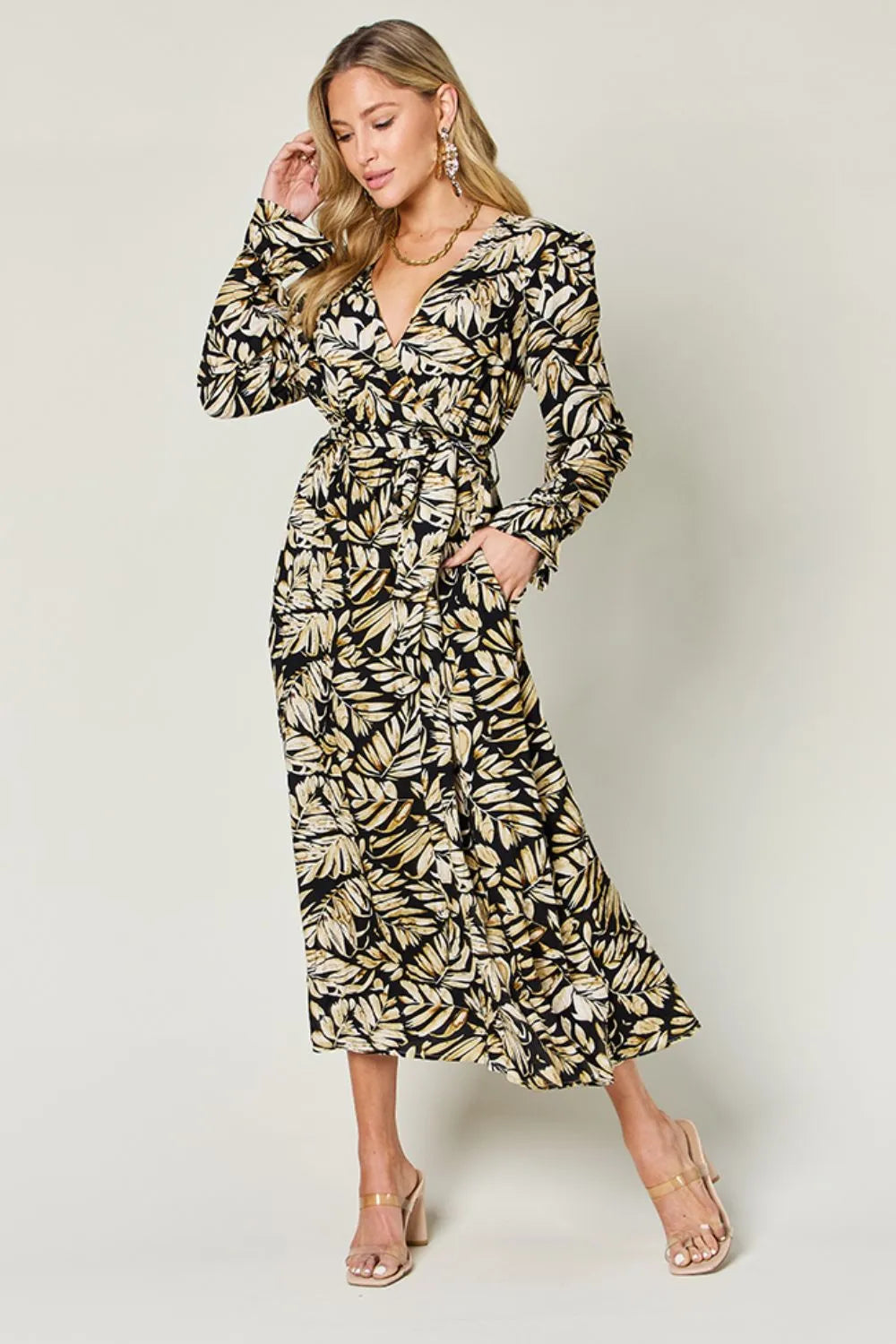Double Take Full Size Tie Back Flounce Sleeve Dress - Lilixa.store