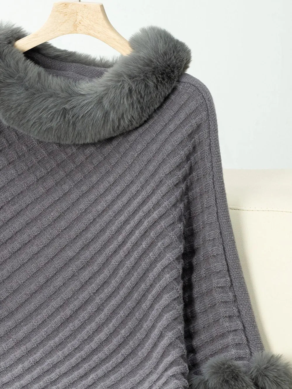 Fuzzy Trim Texture Three-Quarter Sleeve Poncho - Lilixa.store