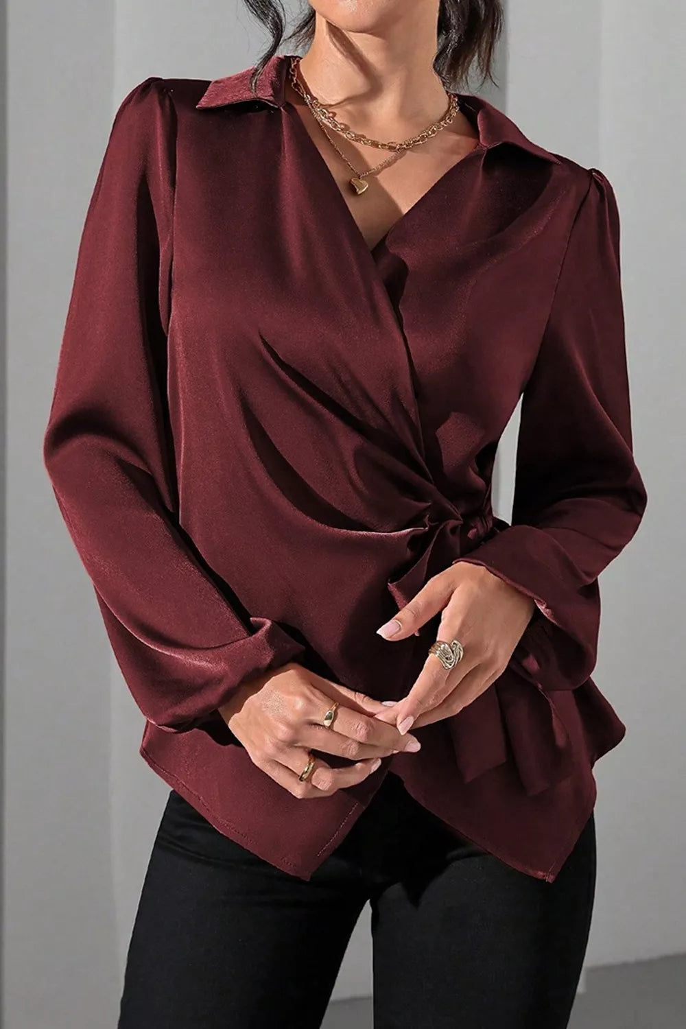 Satin Tied Detail Long Sleeve Blouse, view 8