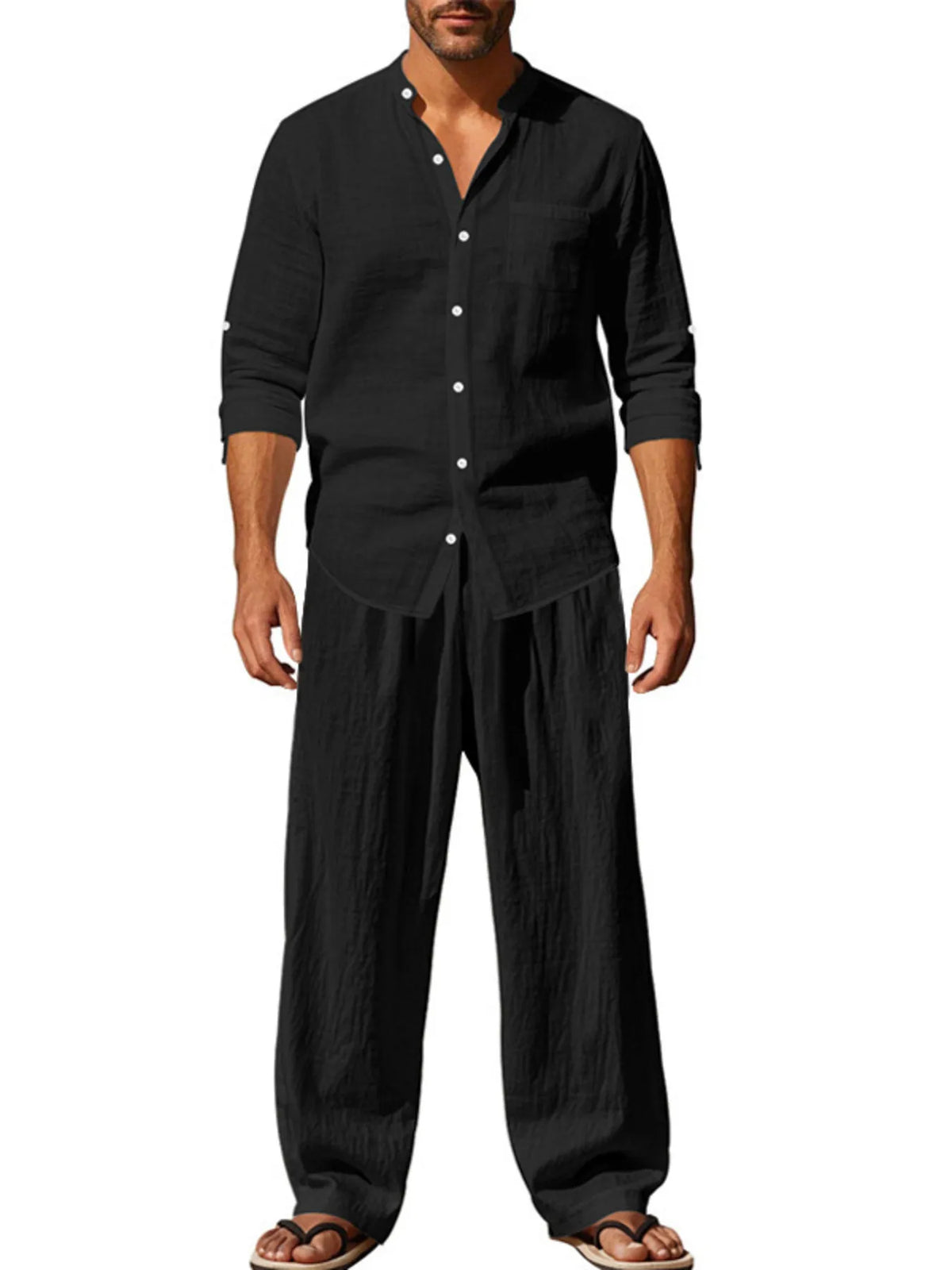 Men's Full Size Button Up Shirt and Pants Set Plus Size in Black