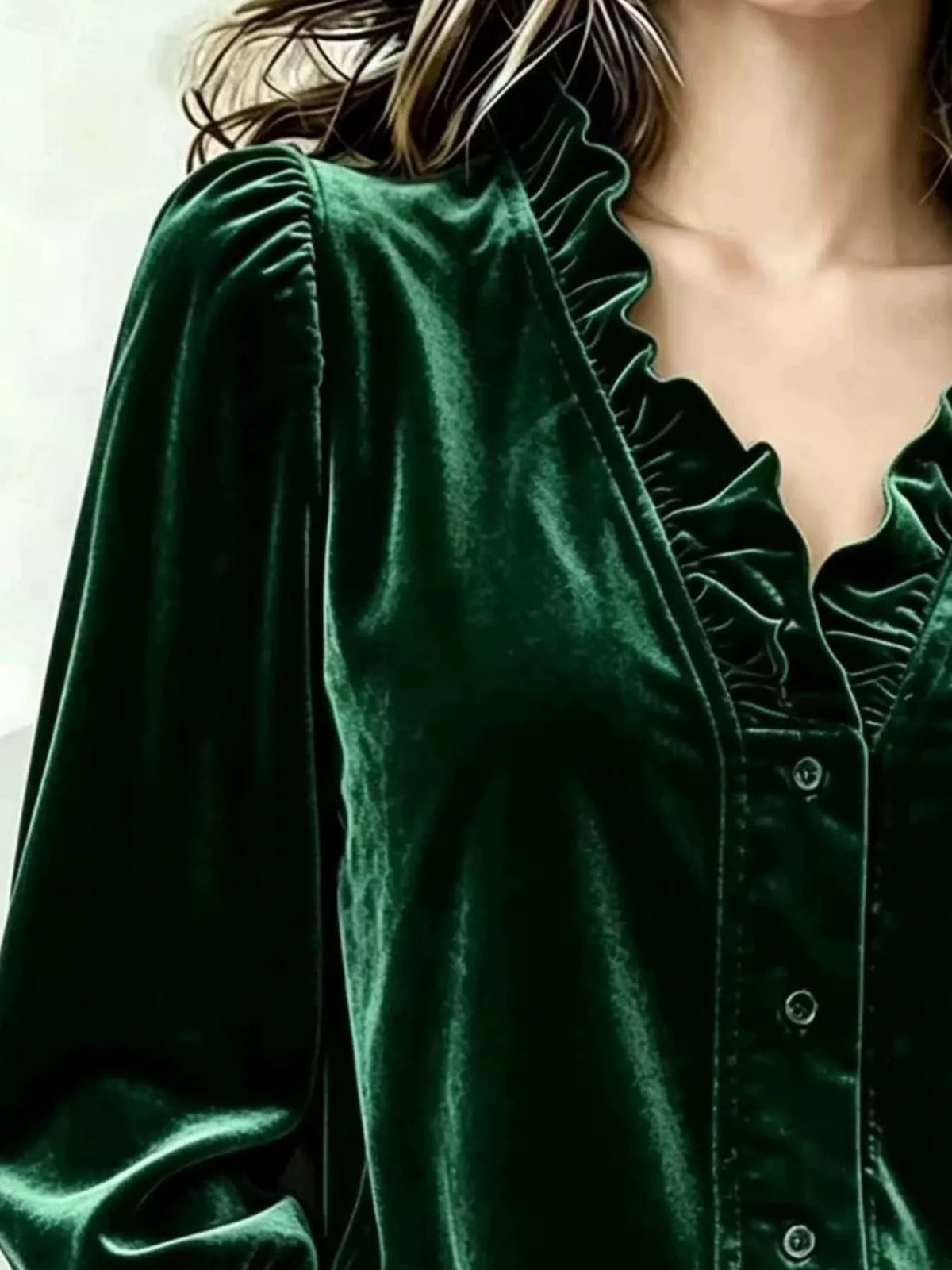 V-Neck Ruffled Velvet Button Down Blouse, view 3