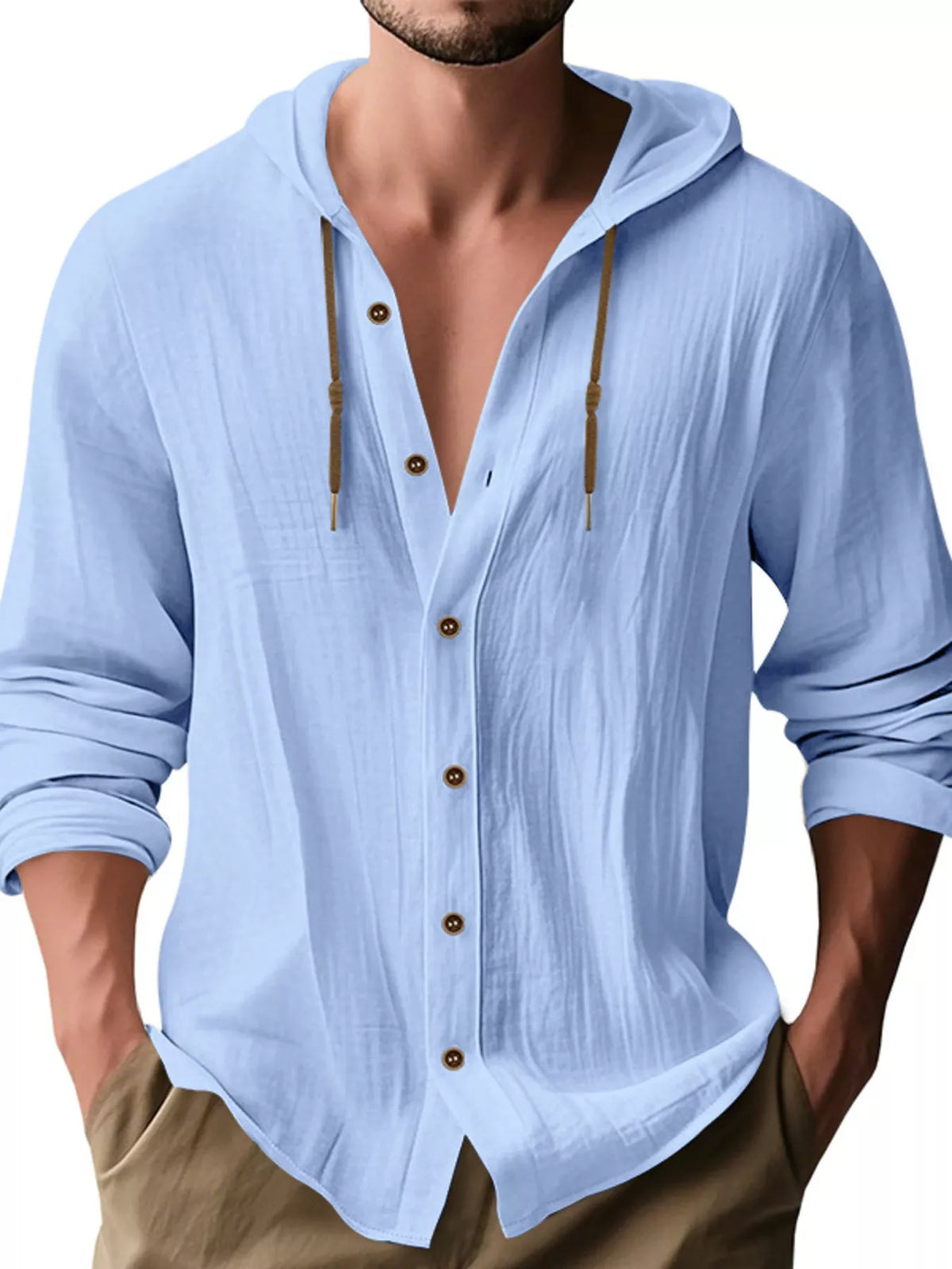 Men's Full Size Drawstring Button Up Hooded Shirt Plus Size - Lilixa.store