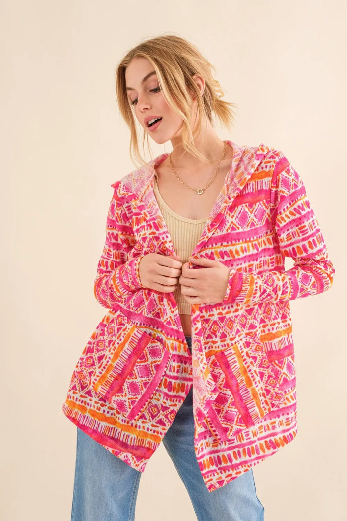 And The Why Full Size Printed Thermal Hooded Open Front Cardigan in Coral Multi