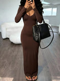 Long Sleeve V-Neck Ruched Maxi Dress - Lilixa.store