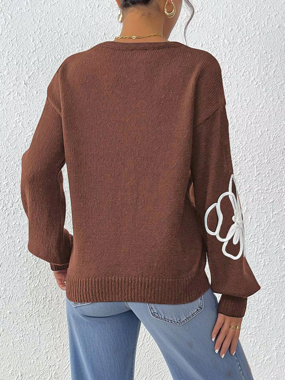 Flower V-Neck Dropped Shoulder Sweater