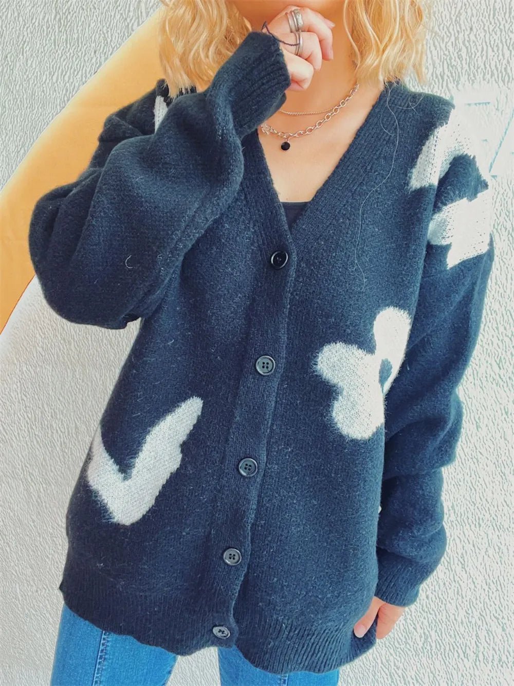 Flower Button Down V-Neck Long Sleeve Cardigan - Lilixa.store