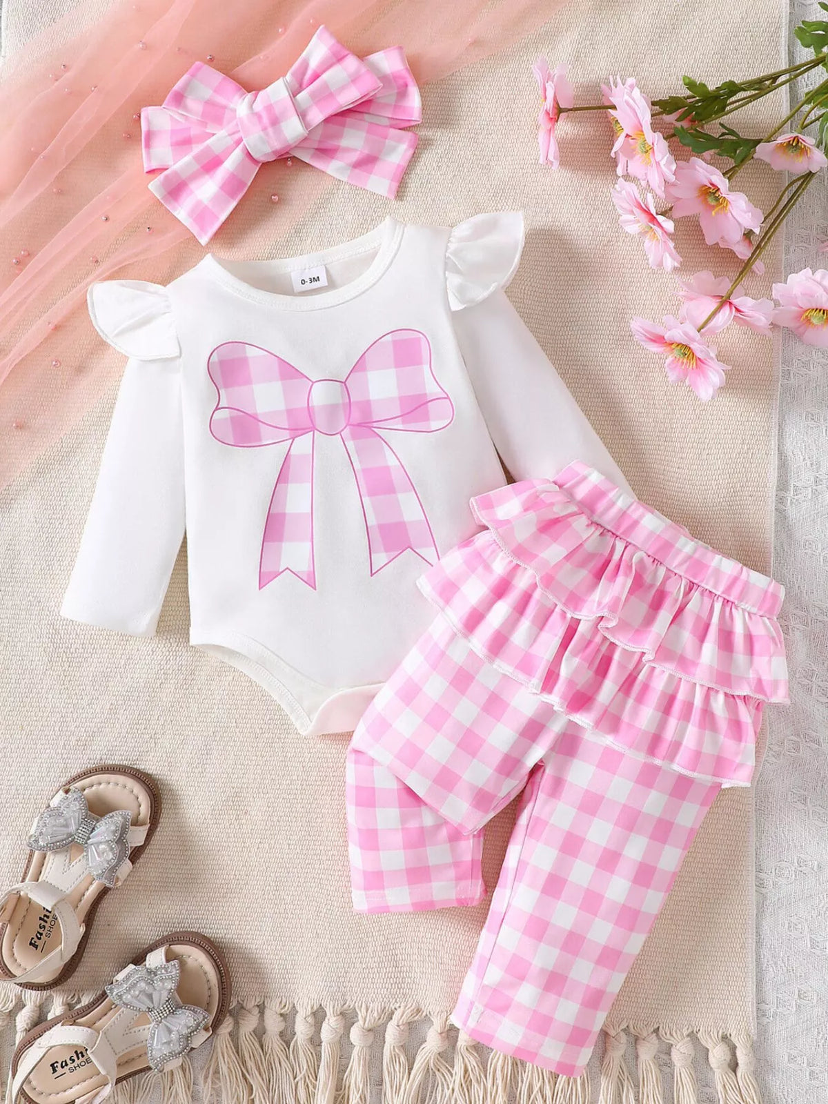 Children's Ruffled Bow Graphic Bodysuit and Pants Set with Headband - Lilixa.store