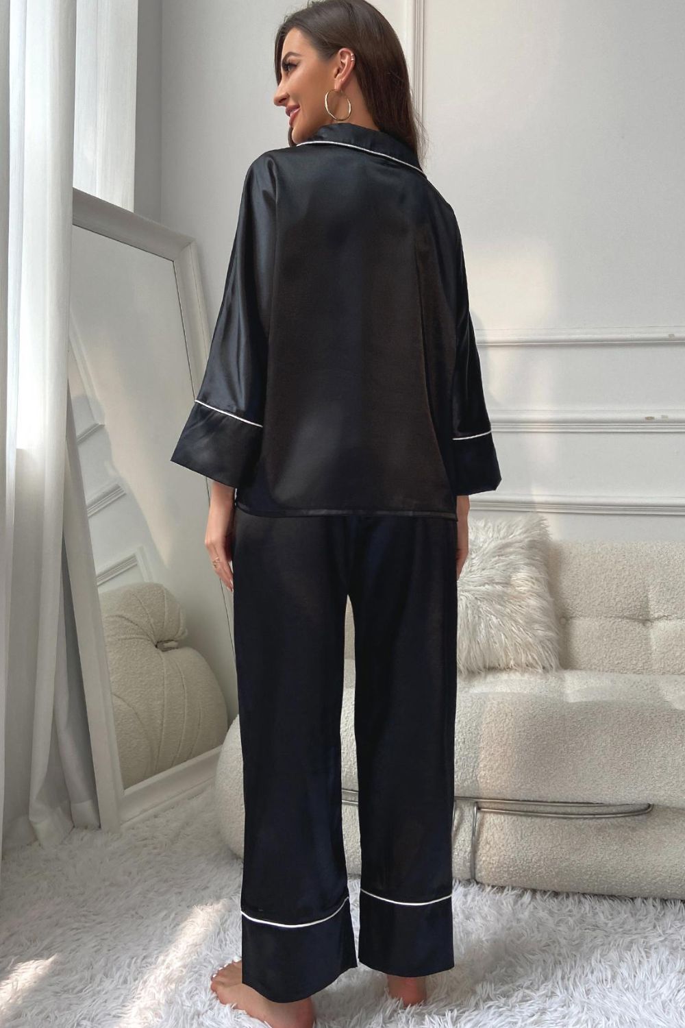 Contrast Piping Button-Up Top and Pants Pajama Set - Lilixa.store