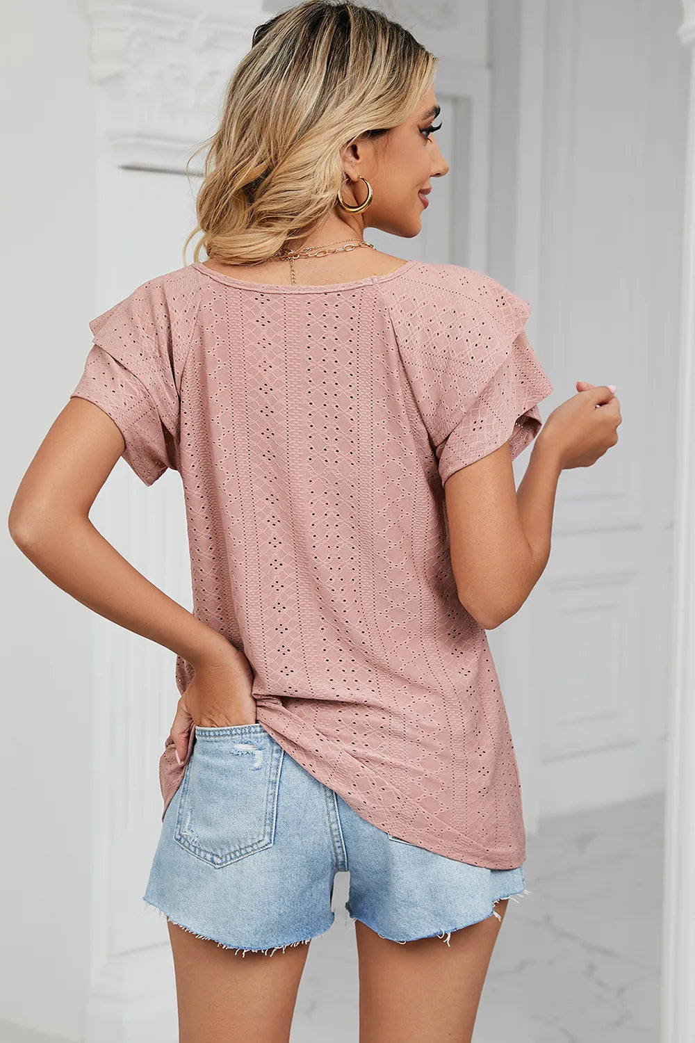 Eyelet V-Neck Short Sleeve T-Shirt - Lilixa.store
