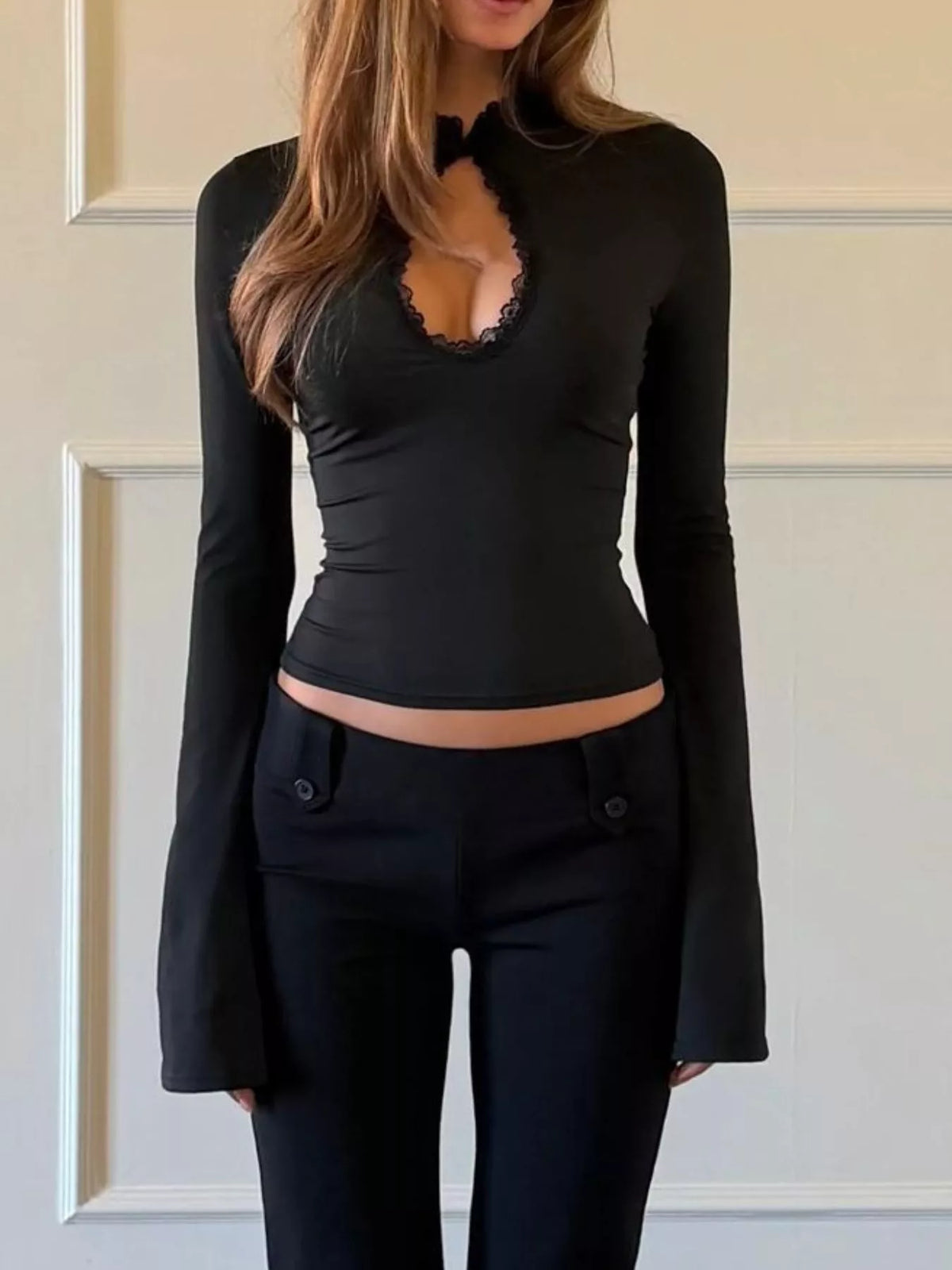 Lace-Trimmed Keyhole Long Sleeve T-Shirt - Lilixa.store