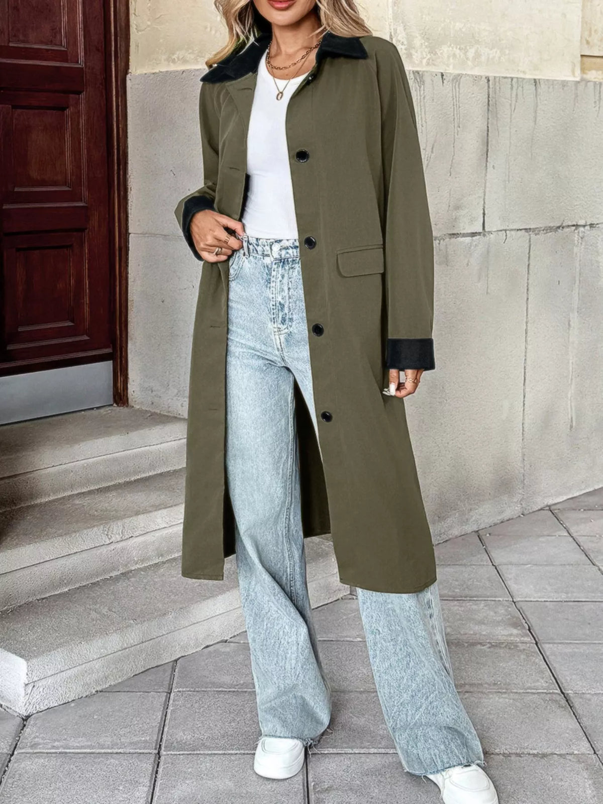 Contrast Collar Button Up Coat in Green, view 5