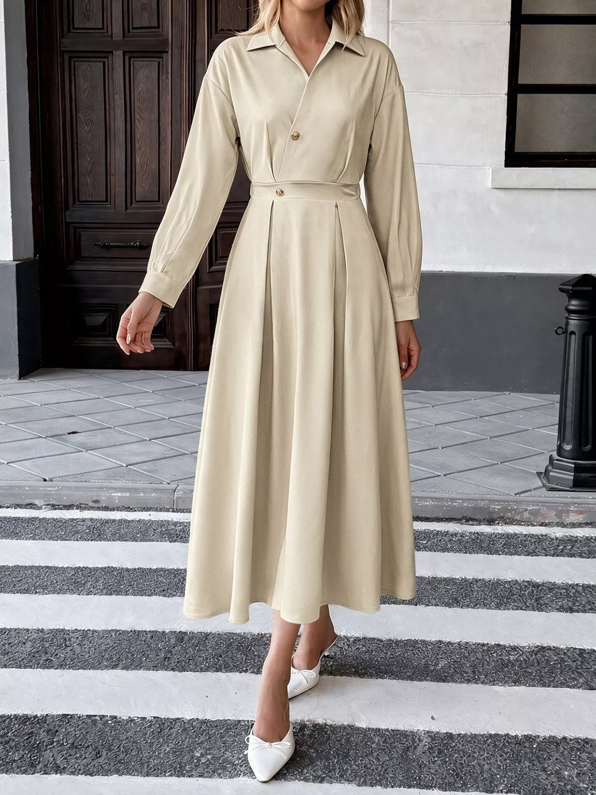 Pleated Button Detail Long Sleeve Shirt Dress