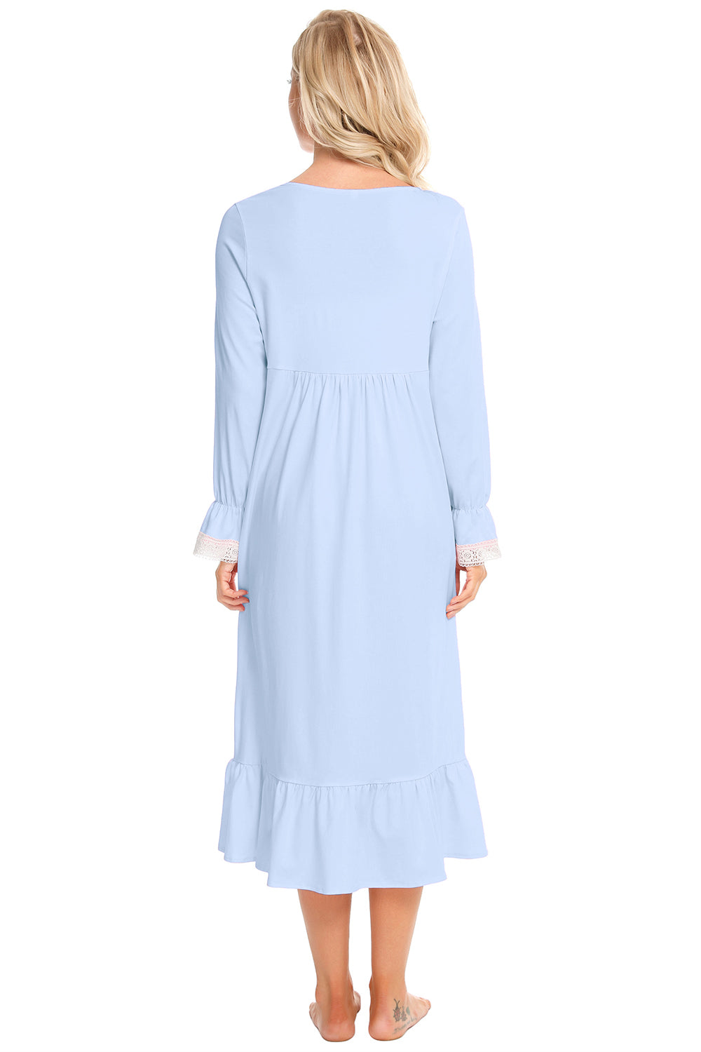 Lace Detail Square Neck Flounce Sleeve Night Dress - Lilixa.store