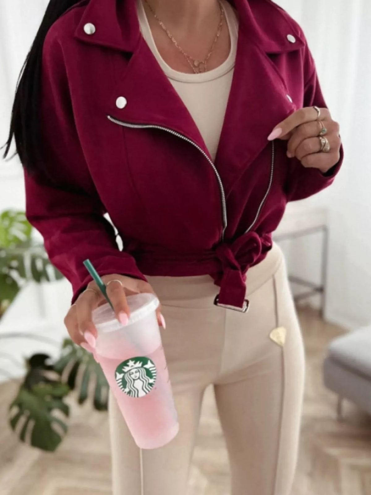 Cropped Biker Jacket with Belt Detail in Burgundy
