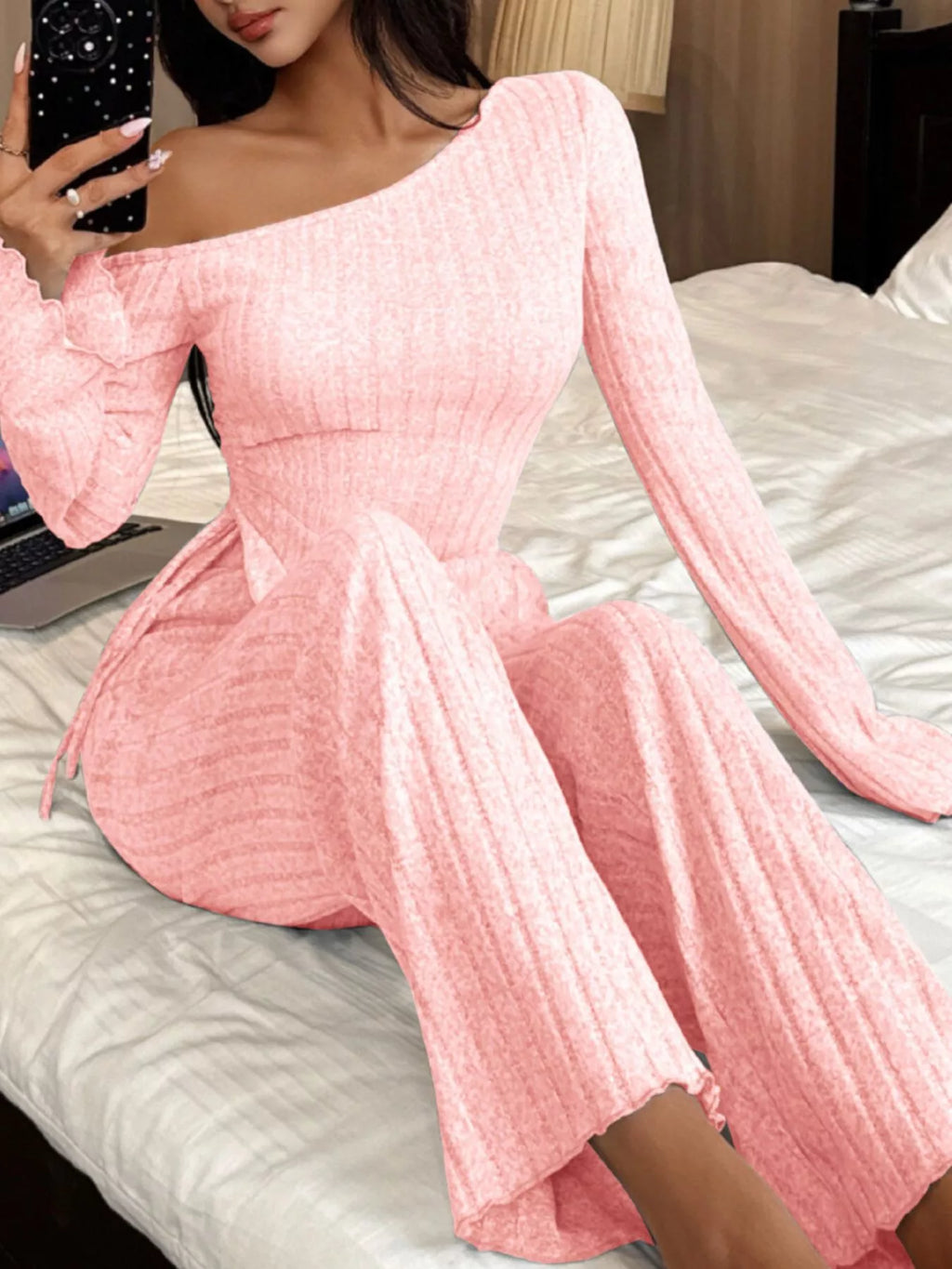 One-Shoulder Ribbed Knit Top and Pants Set - Lilixa.store