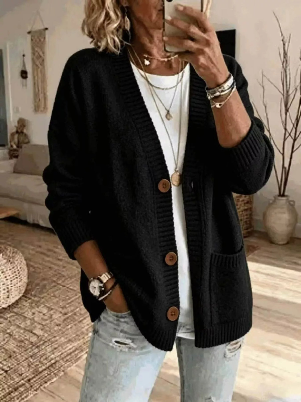 Casual V-Neck Button-Down Knit Cardigan with Pockets in Black