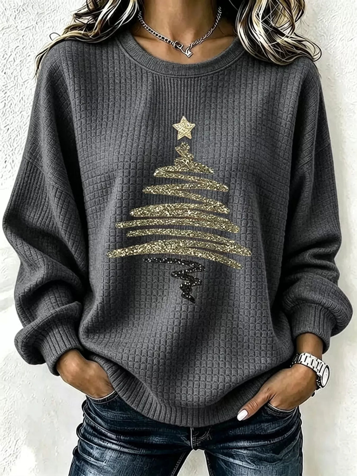 Full Size Festive Christmas Tree Graphic Ribbed Sweatshirt Plus Size in Dark Gray