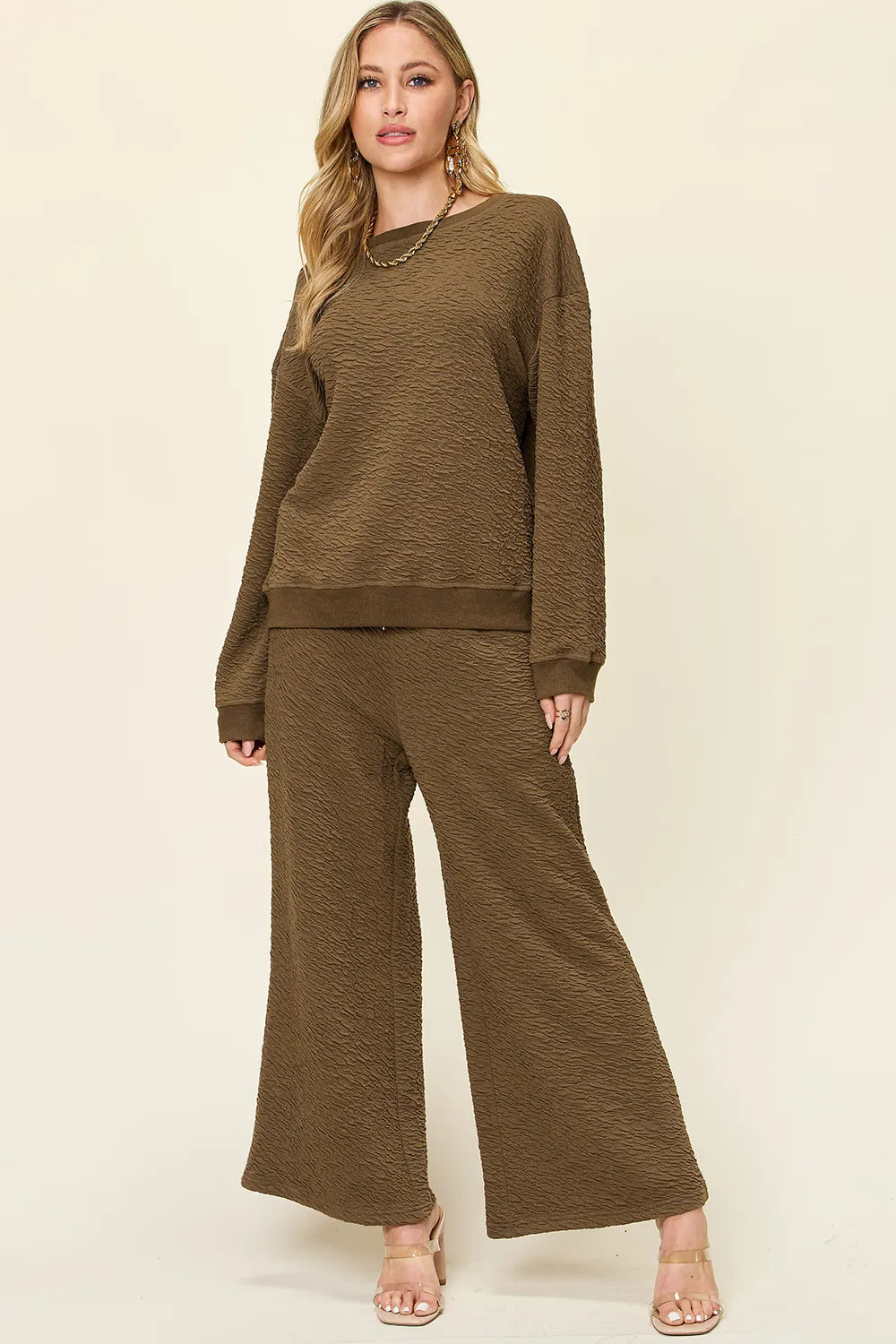 Double Take Full Size Texture Long Sleeve Top and Pants Set in Taupe