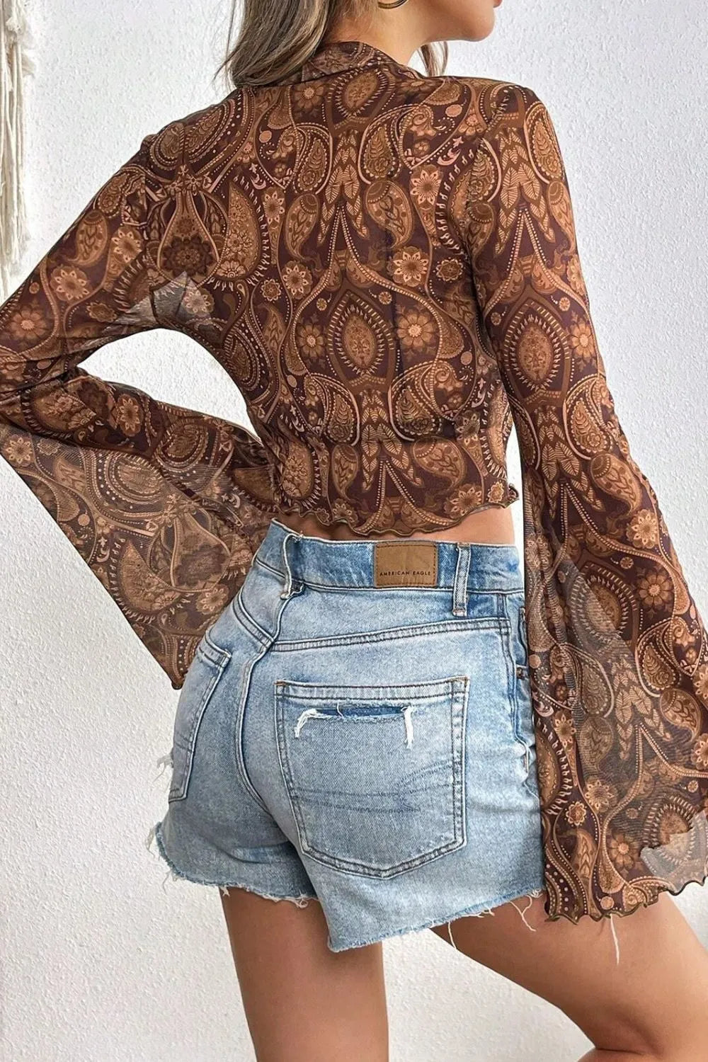 Printed Mock Neck Flare Sleeve Top - Lilixa.store