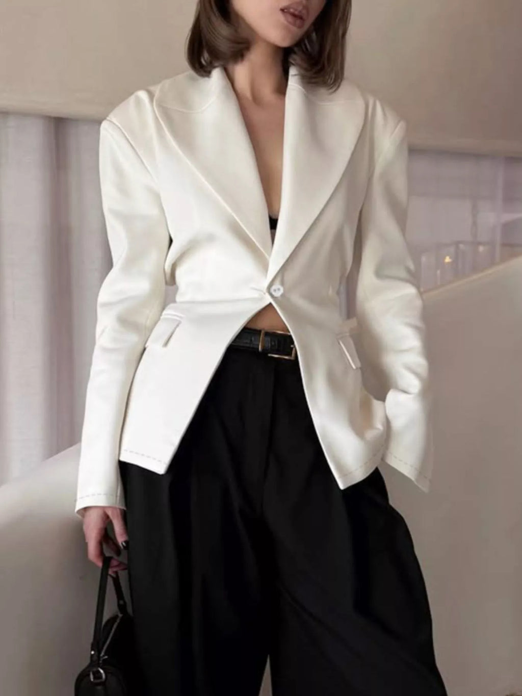 One Button Padded Shoulders Blazer - Lilixa.store