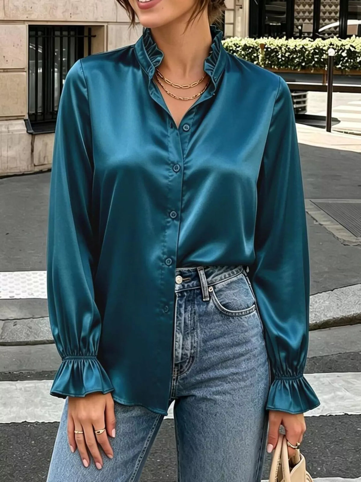 Elegant Button Down Ruffle Trim Satin Shirt in Blue