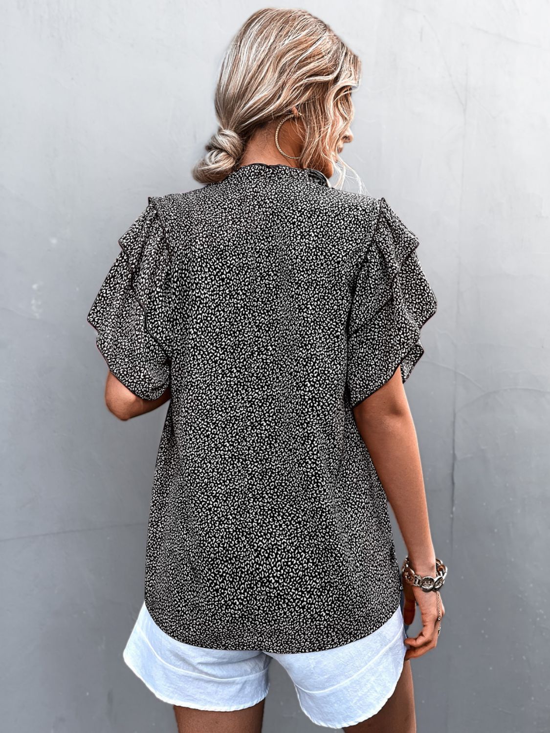 Printed Flutter Sleeve V-Neck Top - Lilixa.store