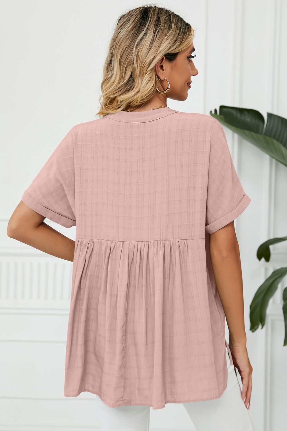 Side Slit Notched Neck Cuffed Short Sleeve Blouse - Lilixa.store