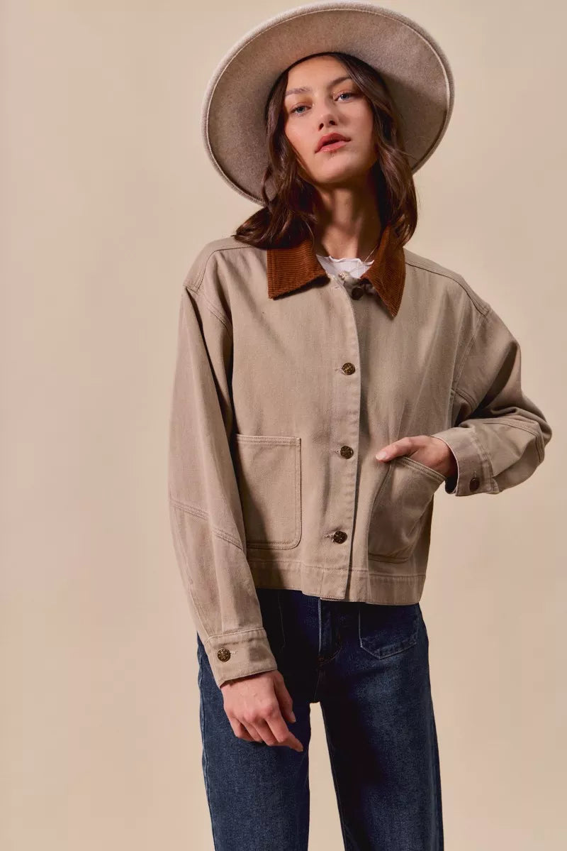 SO ME Cotton Twill Cropped Barn Jacket wtih Collar in Taupe, view 3