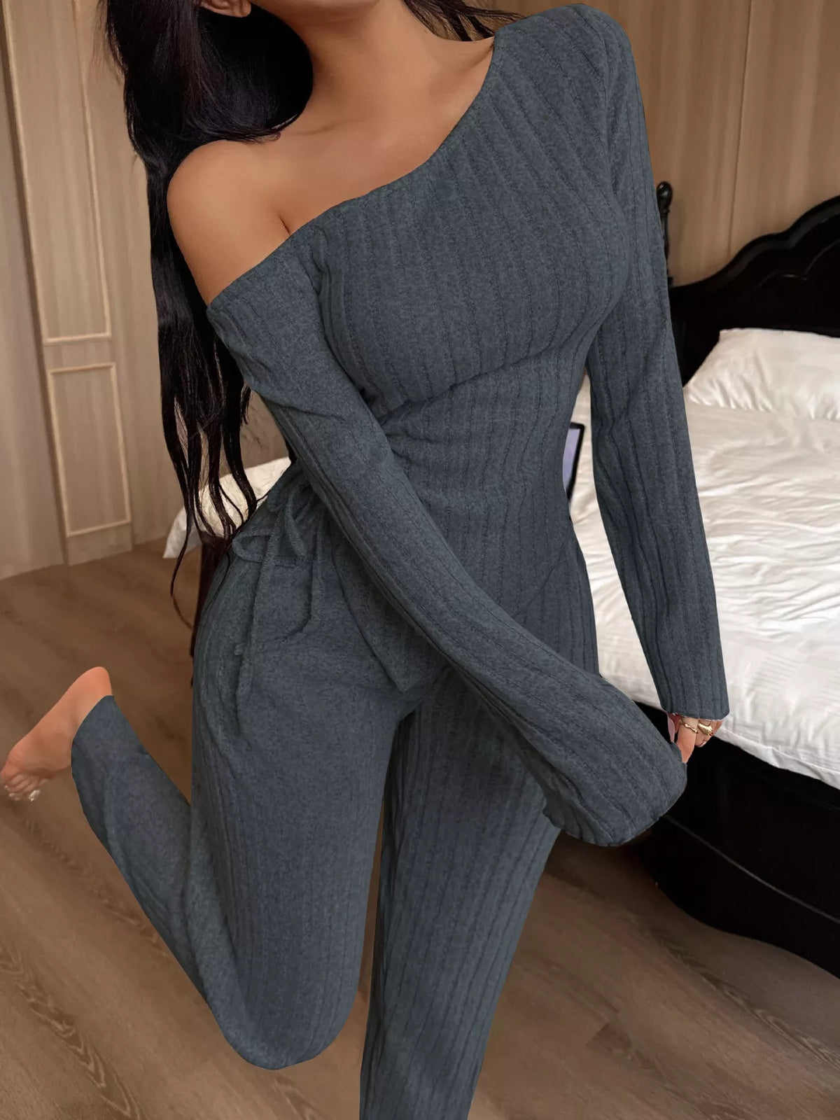 One-Shoulder Ribbed Knit Top and Pants Set - Lilixa.store